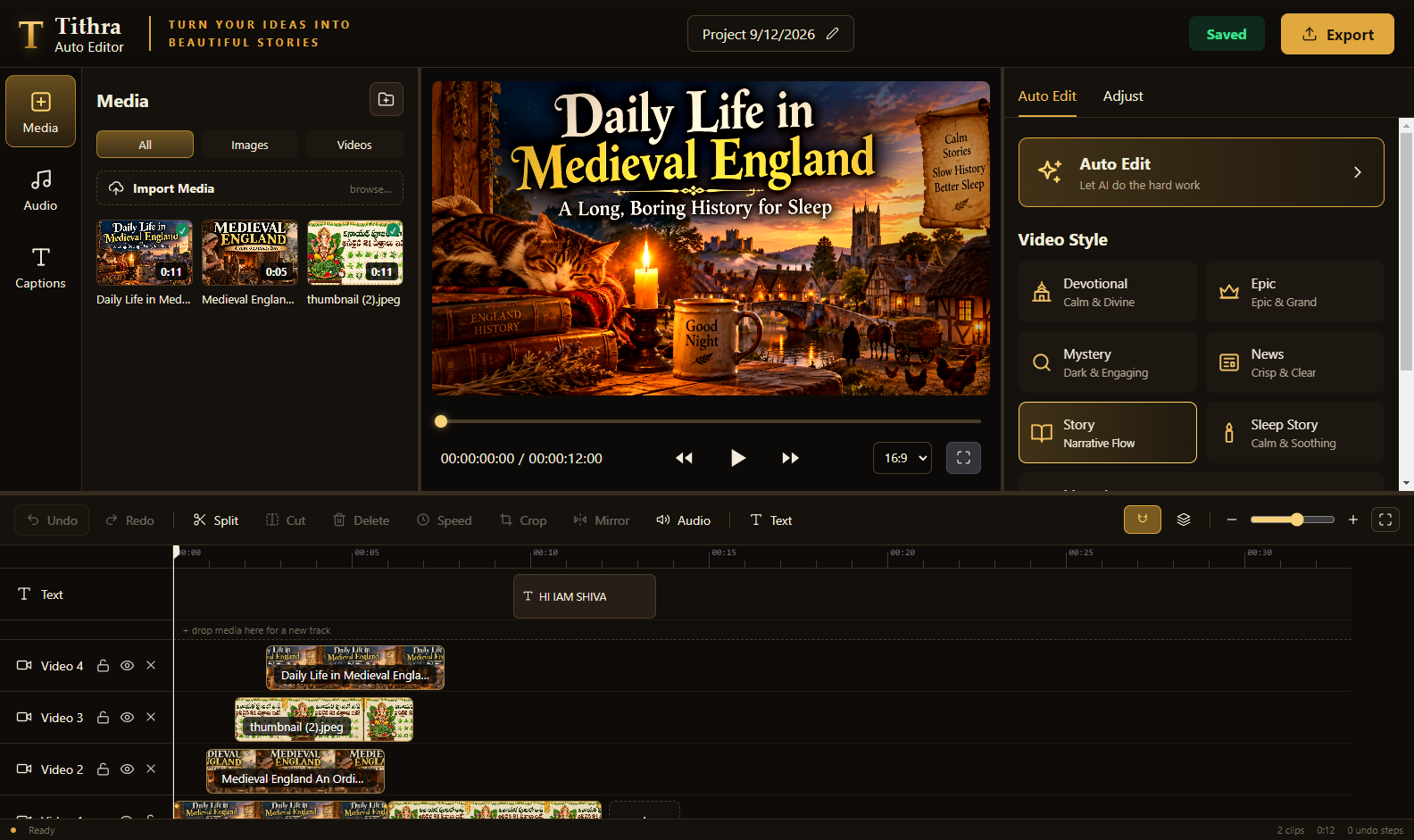 The Tithra Auto Edit editor: media bin, preview, inspector and timeline